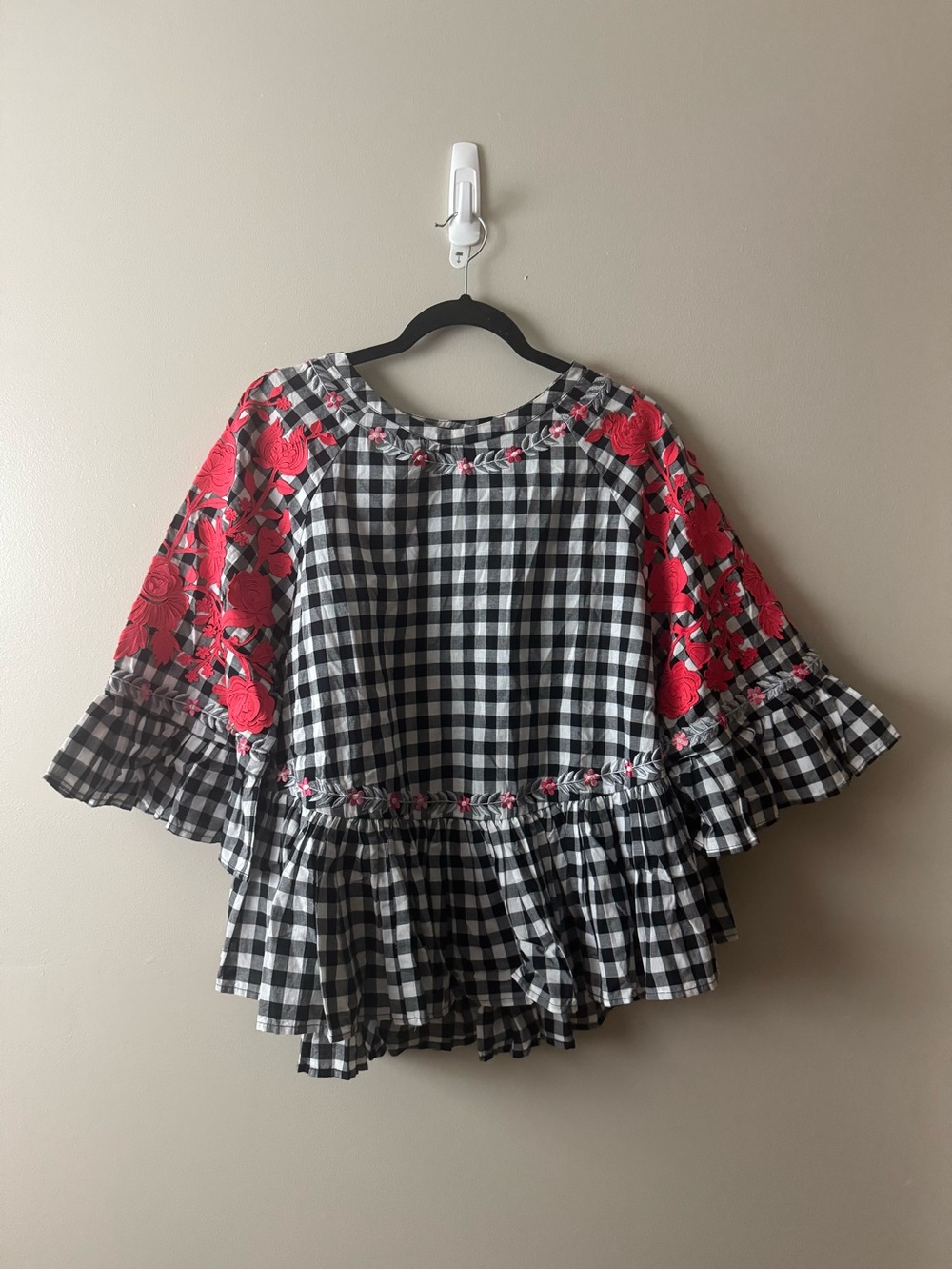 Anthropologie Pankaj & Nidhi Black & White Gingham Embroidered Top Medium